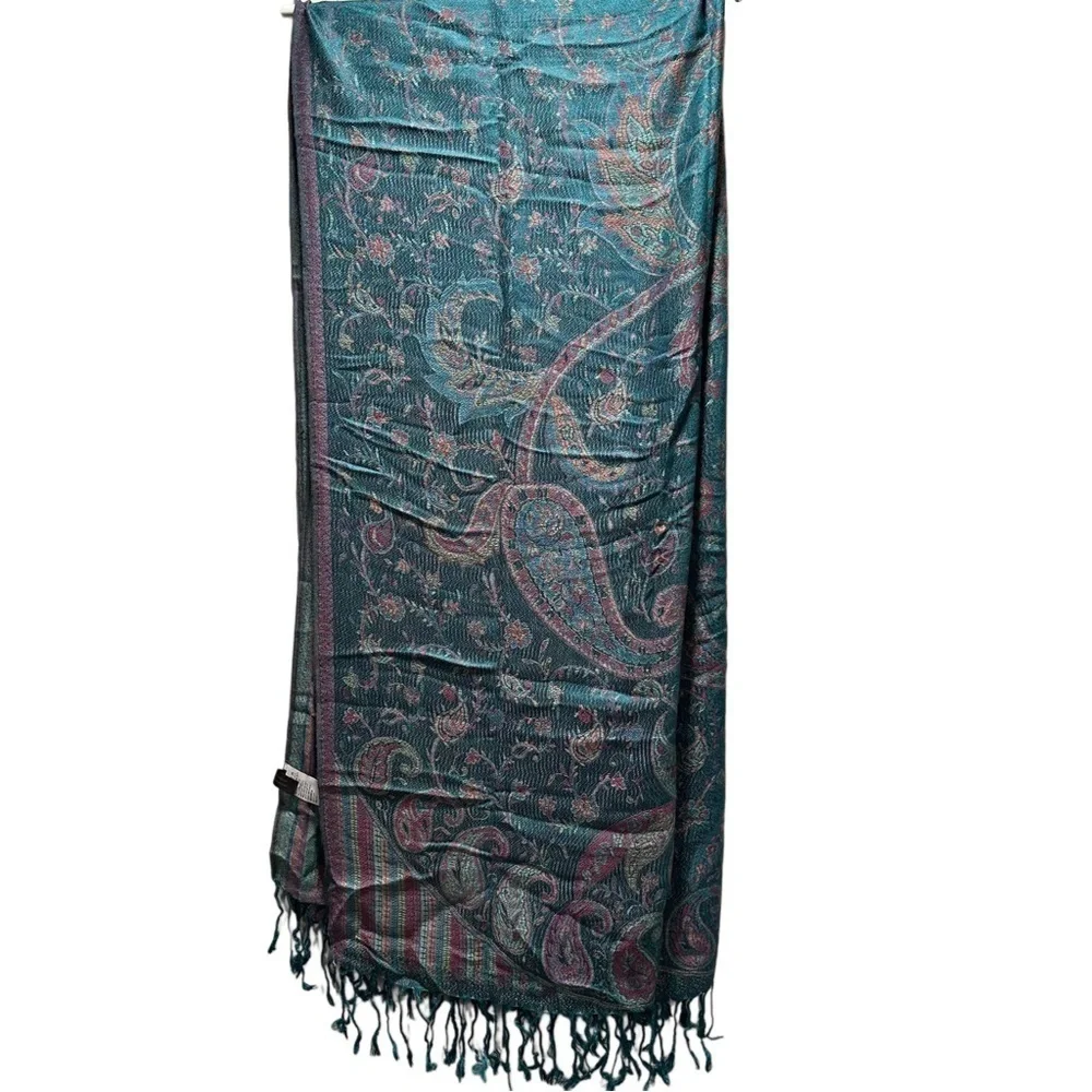 Elegant Shawl in Metallic Green Paisley-Versatile Wrap, Scarf, Veil, Soft Cozy